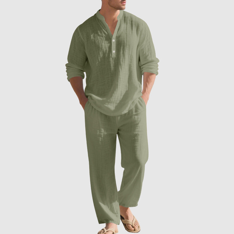 Thomas - Men's Linen Blend Band Collar Beach Set