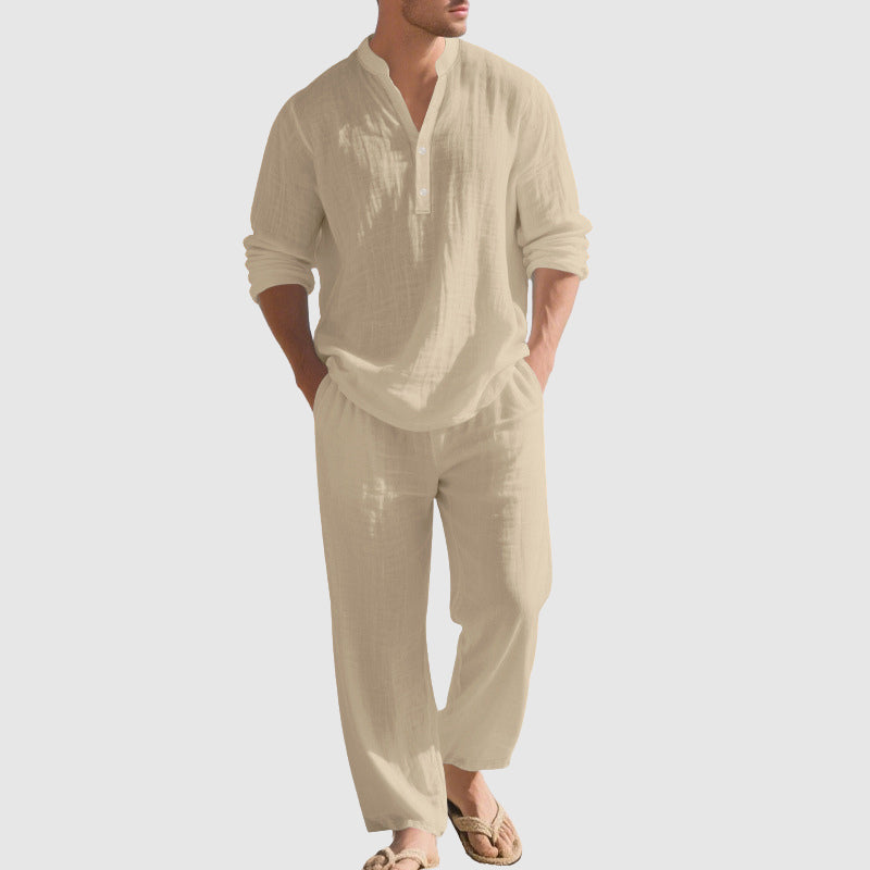 Thomas - Men's Linen Blend Band Collar Beach Set