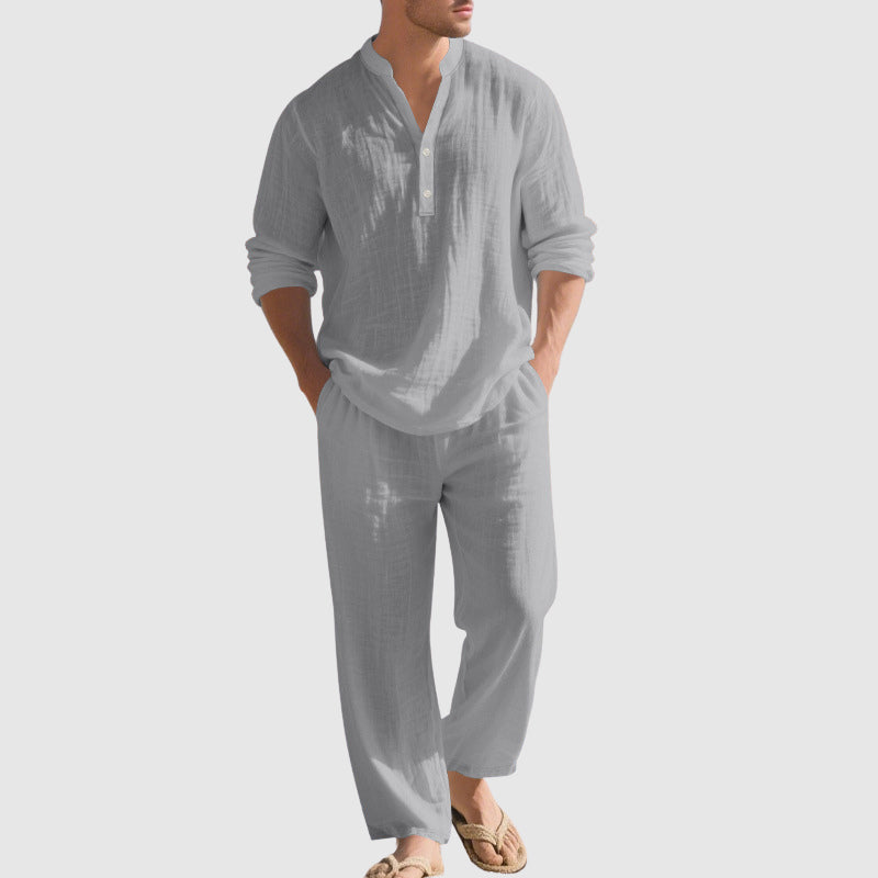 Thomas - Men's Linen Blend Band Collar Beach Set