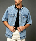 Timothy - Men's Short Sleeve Denim Jacket with Raw Edge Collar