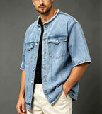 Timothy - Men's Short Sleeve Denim Jacket with Raw Edge Collar