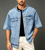 Timothy - Men's Short Sleeve Denim Jacket with Raw Edge Collar