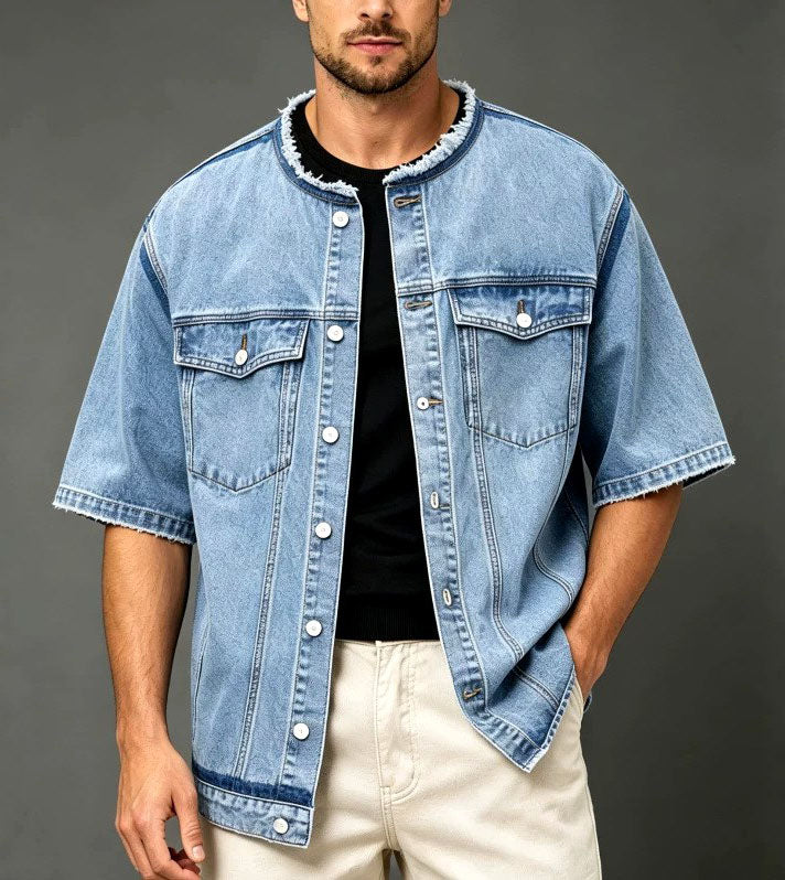 Timothy - Men's Short Sleeve Denim Jacket with Raw Edge Collar