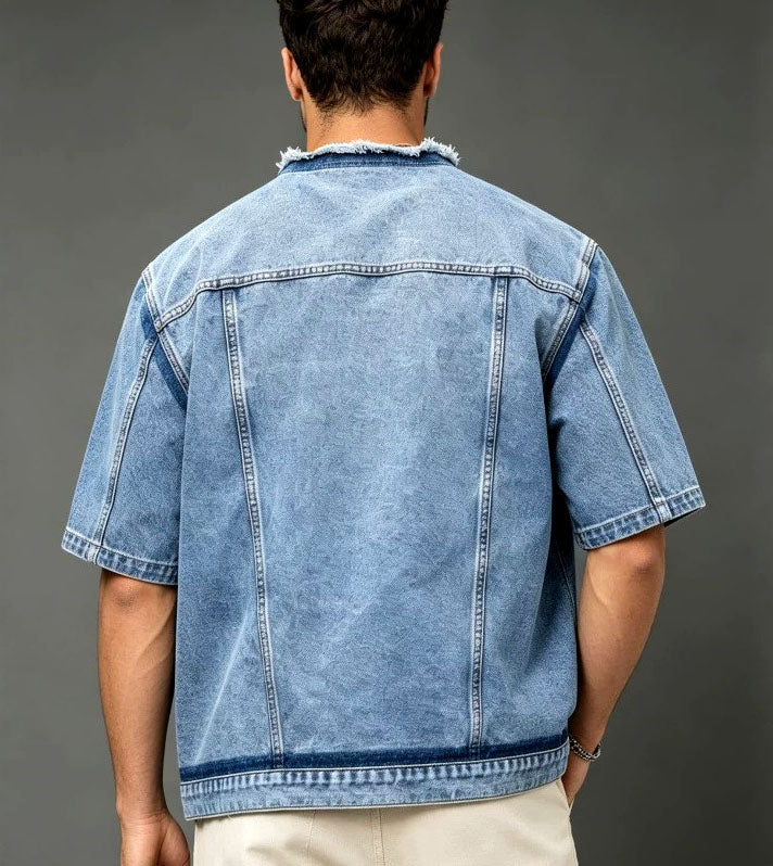 Timothy - Men's Short Sleeve Denim Jacket with Raw Edge Collar