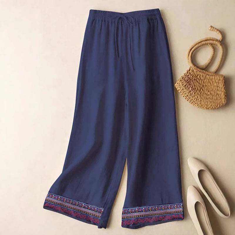 Valeria - Boho Embroidered Wide-Leg Drawstring Pants