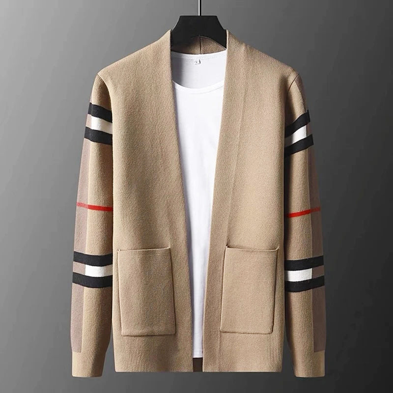Van - Men's Open Front Knit Cardigan with Striped Sleeves