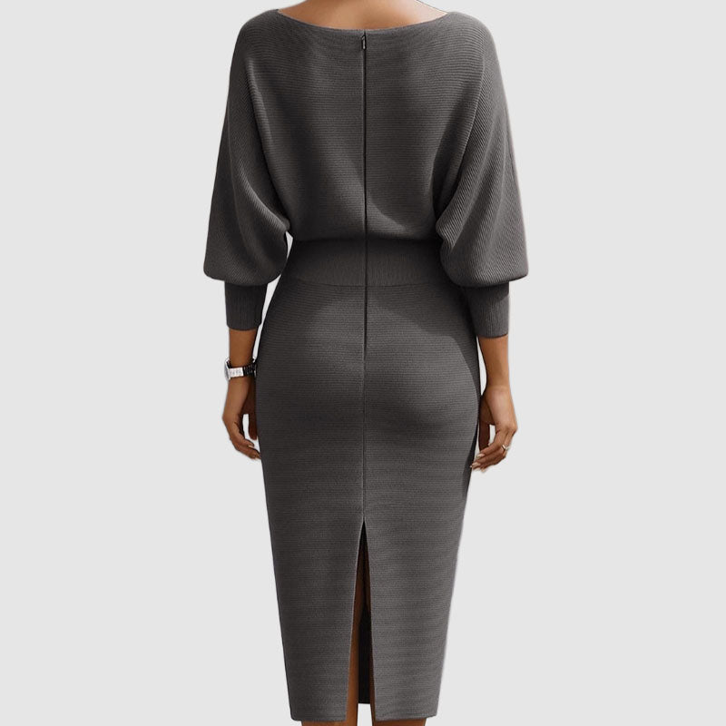 Victoria - Women's Ribbed Knit Batwing Midi Dress