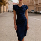 Vivian - Women's Cowl Neck Ruched Bodycon Midi Dress