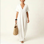Vivian - Women's Crinkle Cotton V-Neck Resort Maxi Dress