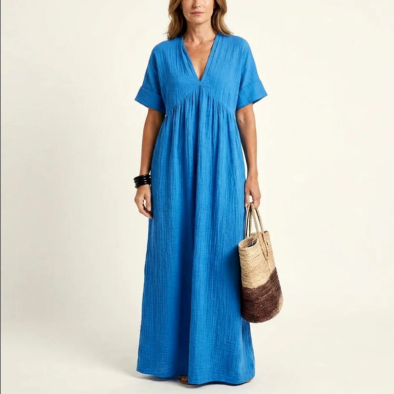 Vivian - Women's Crinkle Cotton V-Neck Resort Maxi Dress