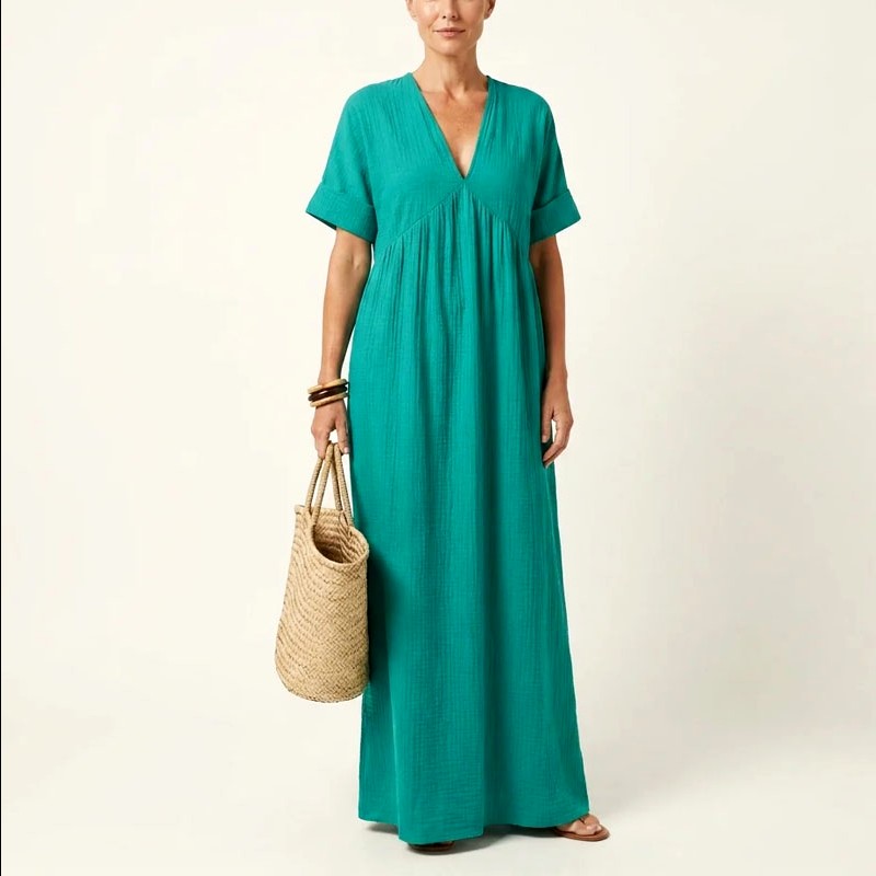 Vivian - Women's Crinkle Cotton V-Neck Resort Maxi Dress