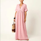 Vivian - Women's Crinkle Cotton V-Neck Resort Maxi Dress
