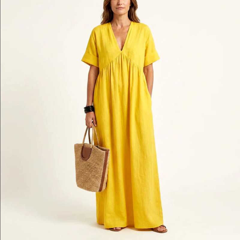 Vivian - Women's Crinkle Cotton V-Neck Resort Maxi Dress
