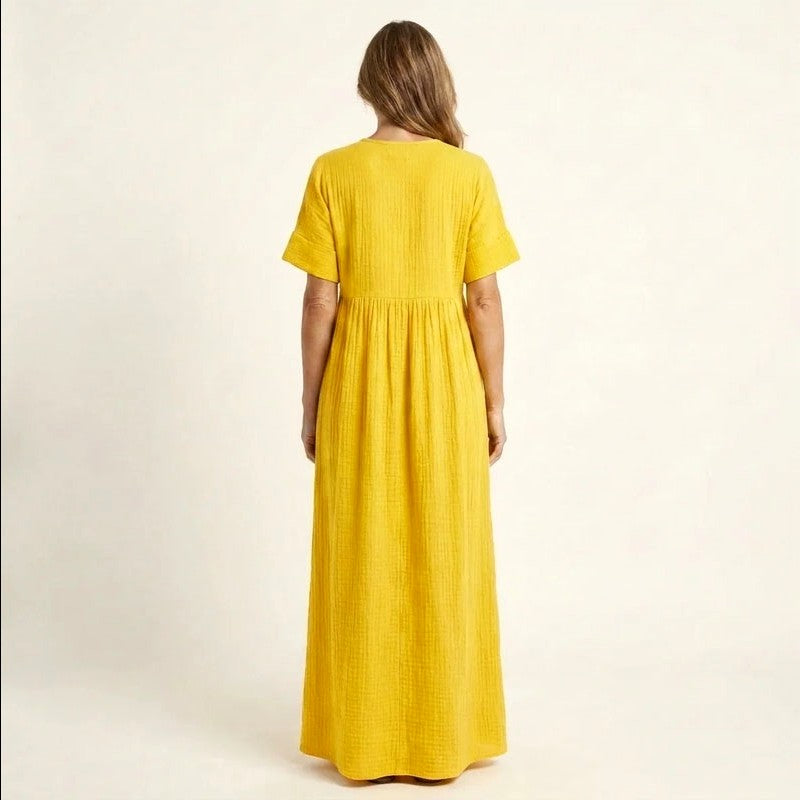 Vivian - Women's Crinkle Cotton V-Neck Resort Maxi Dress