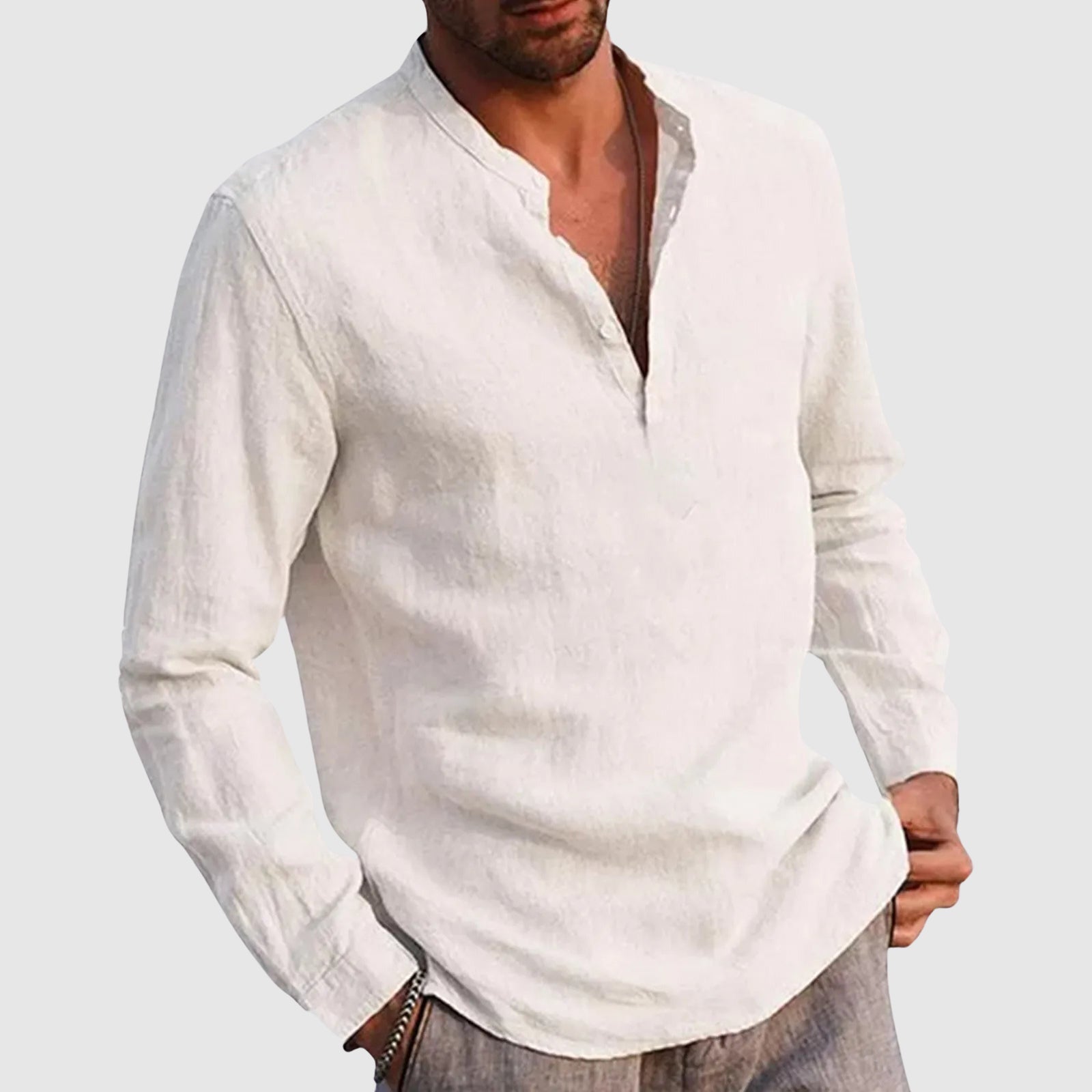 Wesley - Men's Casual Linen Blend Mandarin Collar Shirt