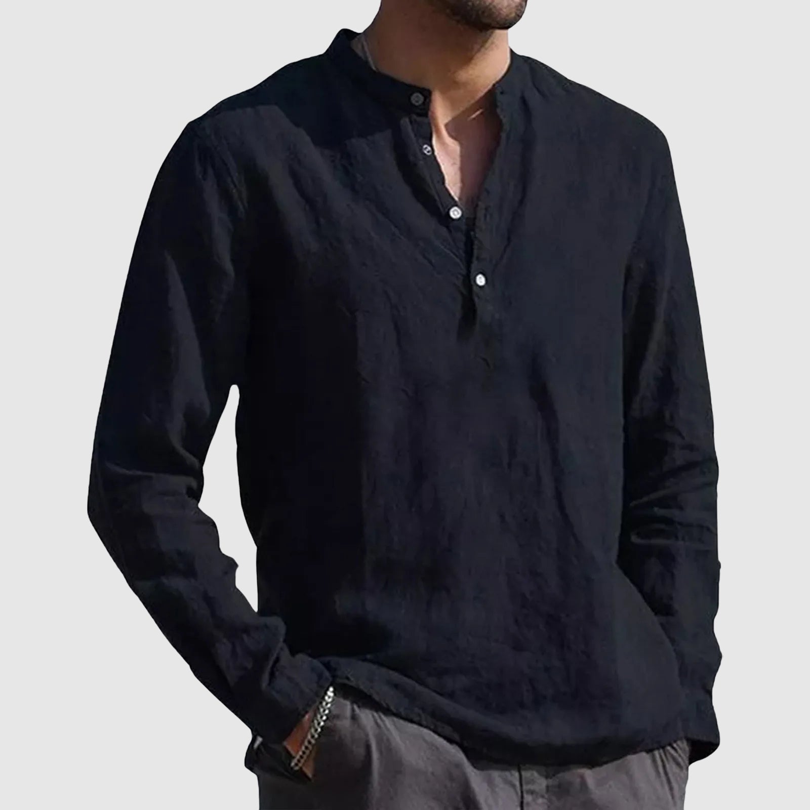 Wesley - Men's Casual Linen Blend Mandarin Collar Shirt