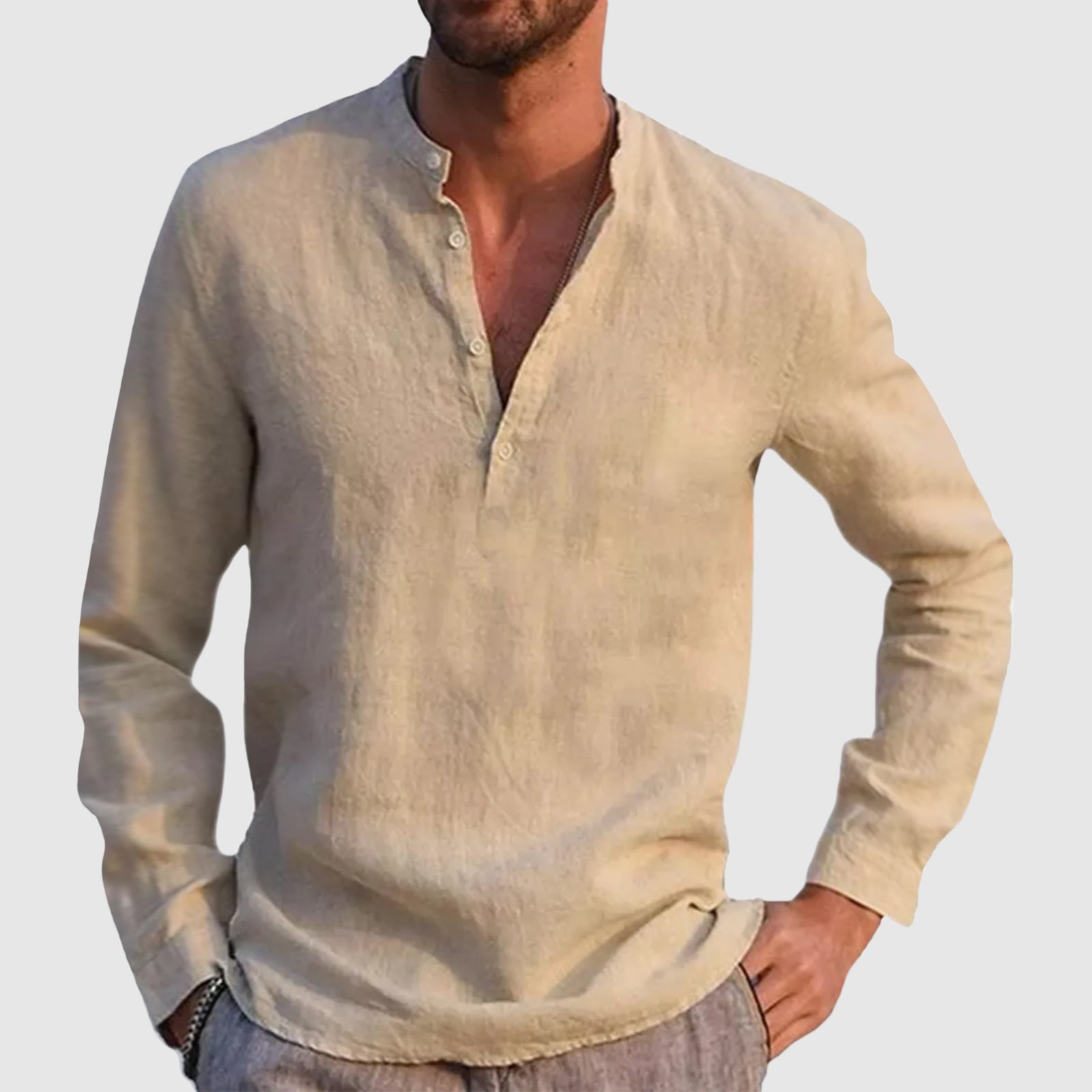Wesley - Men's Casual Linen Blend Mandarin Collar Shirt
