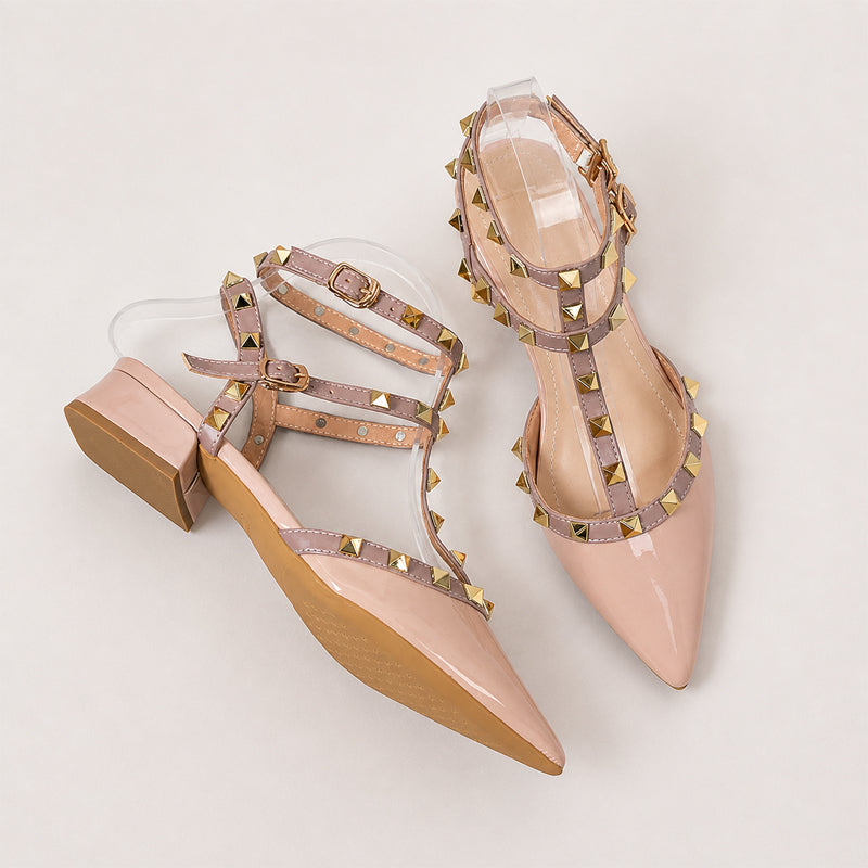 Zoey - Women's Pointed-Toe Studded T-Strap Heels
