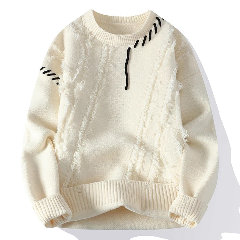 Adams  - Men's Crew-Neck Distressed Knit Sweater with Contrast Stitching