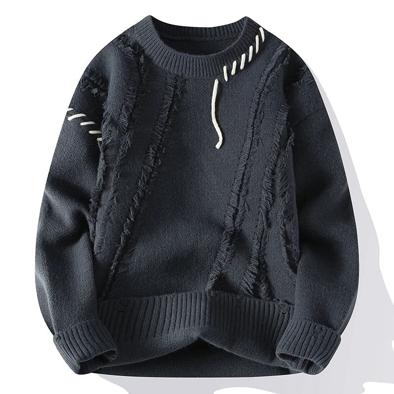 Adams  - Men's Crew-Neck Distressed Knit Sweater with Contrast Stitching