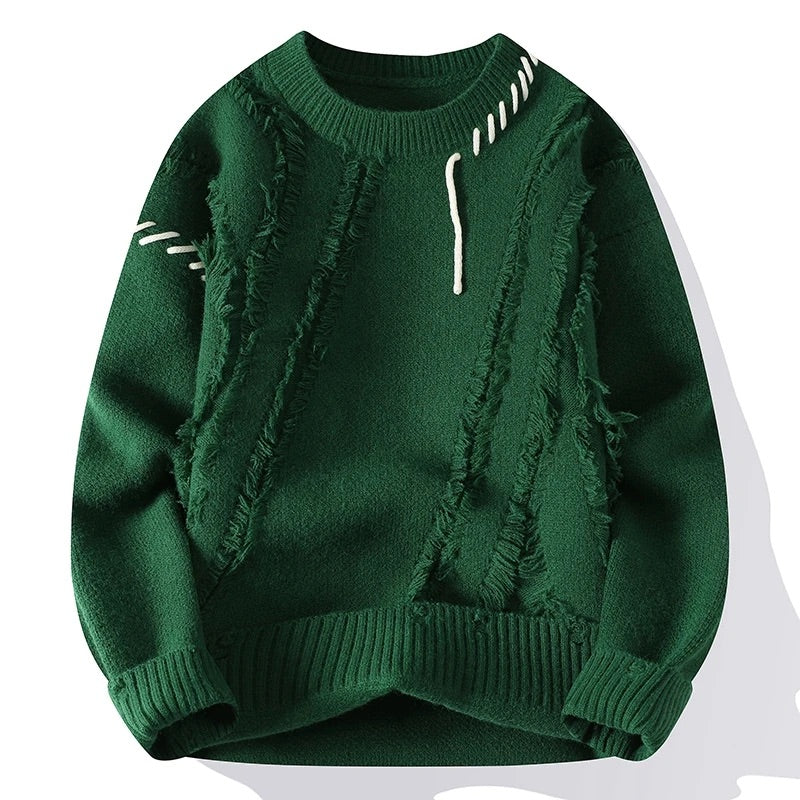 Adams  - Men's Crew-Neck Distressed Knit Sweater with Contrast Stitching