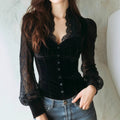 Alison - Women's Lace Collar Button-Front Long Sleeve Blouse 1