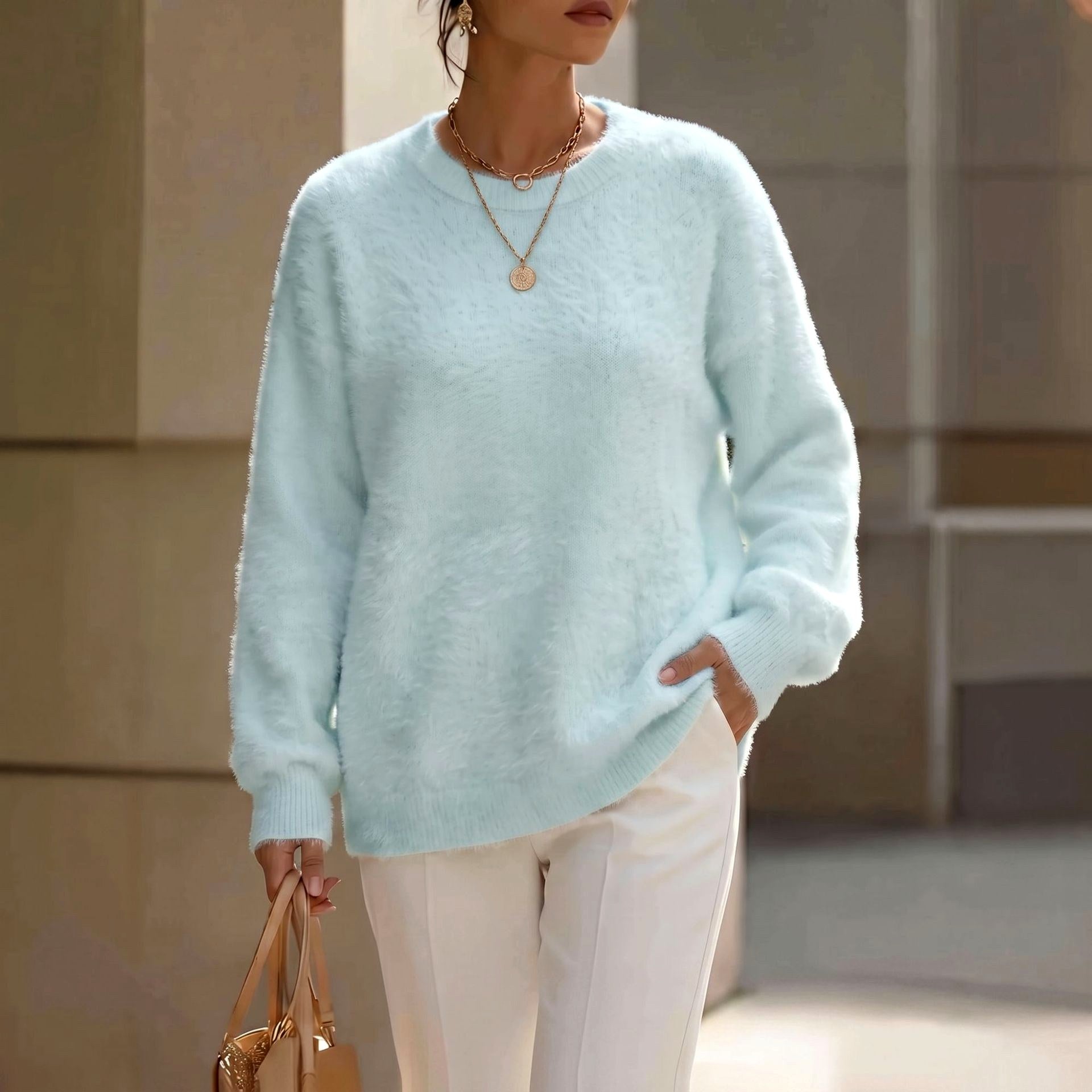 Allegra - Women's Fuzzy Crew Neck Relaxed Sweater 2