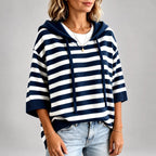 Allegra - Women's Striped 3/4 Sleeve Hooded Knit Sweater 1