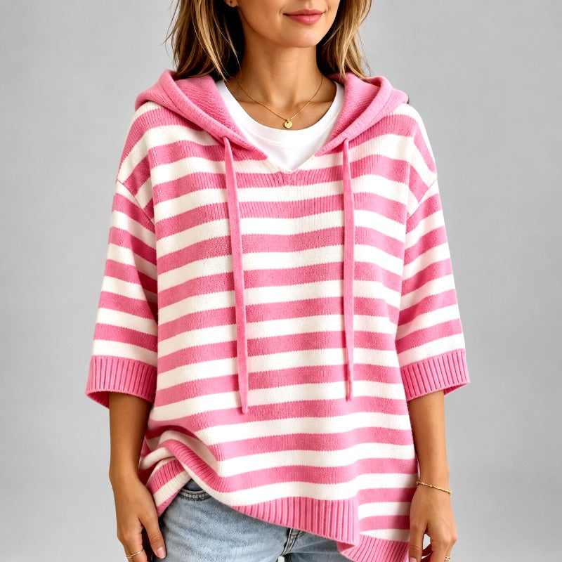 Allegra - Women's Striped 3/4 Sleeve Hooded Knit Sweater 2