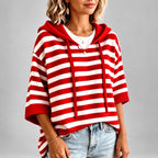 Allegra - Women's Striped 3/4 Sleeve Hooded Knit Sweater 3