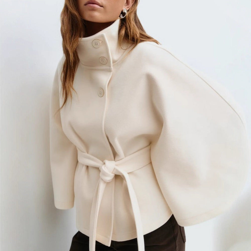 Amelia - Women's Cape-Style Wool Coat with High Collar