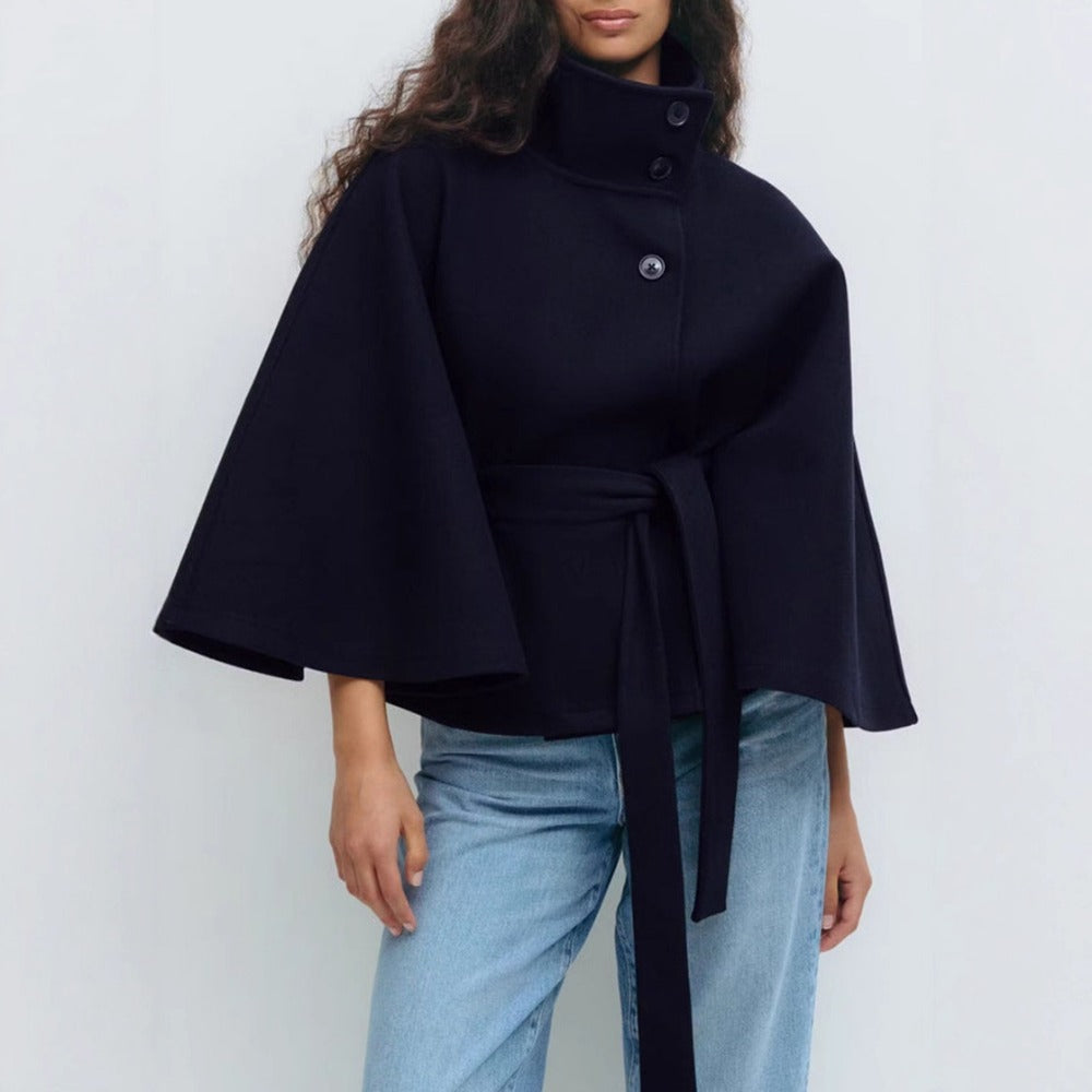 Amelia - Women's Cape-Style Wool Coat with High Collar