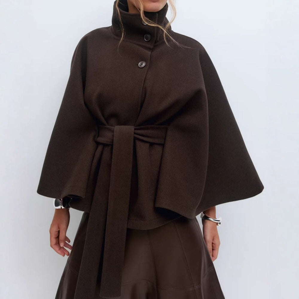 Amelia - Women's Cape-Style Wool Coat with High Collar