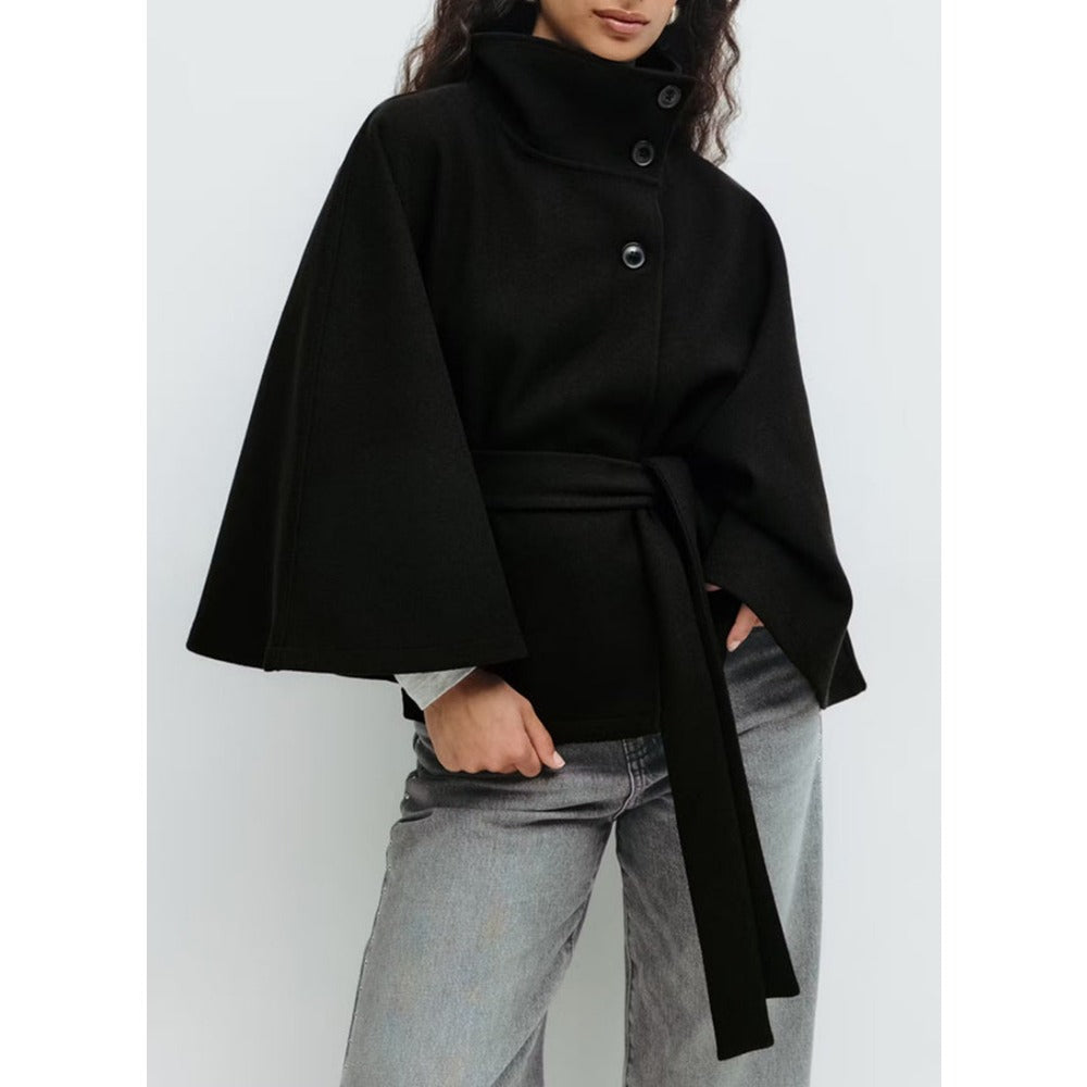 Amelia - Women's Cape-Style Wool Coat with High Collar