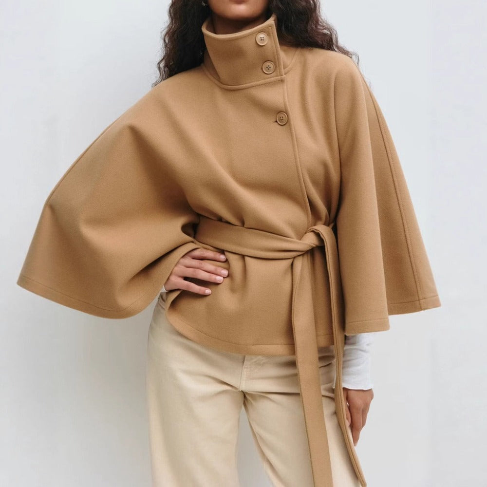 Amelia - Women's Cape-Style Wool Coat with High Collar
