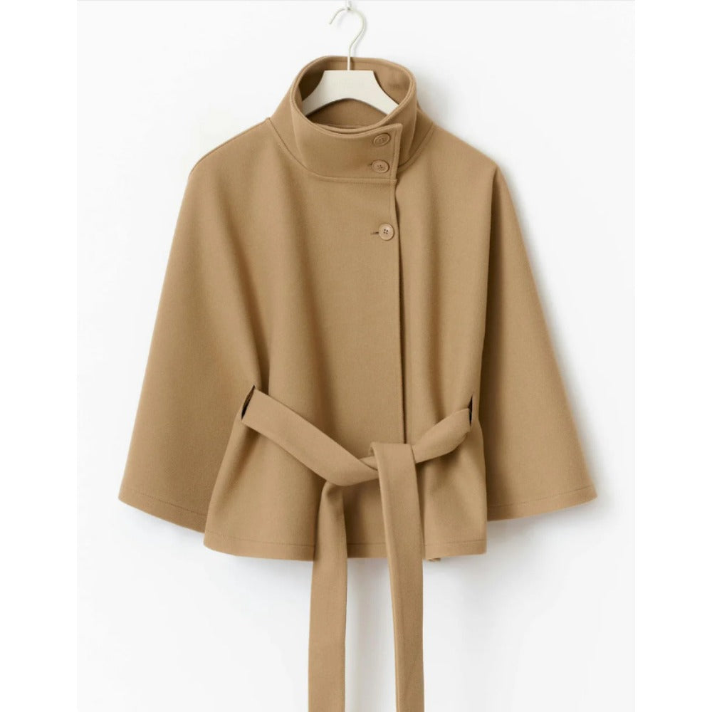 Amelia - Women's Cape-Style Wool Coat with High Collar