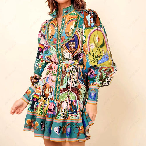Anouk - Women's Folk Art Puffy Sleeve Boho Mini Dress