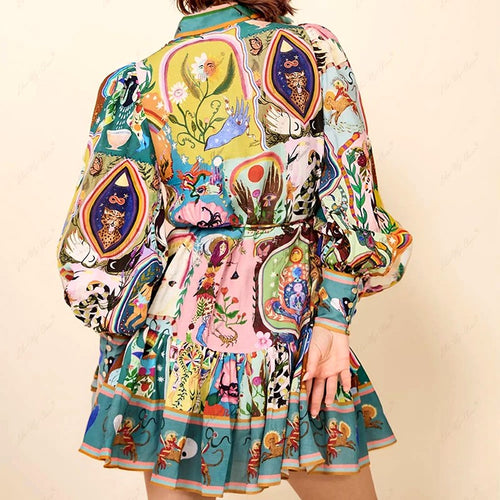 Anouk - Women's Folk Art Puffy Sleeve Boho Mini Dress