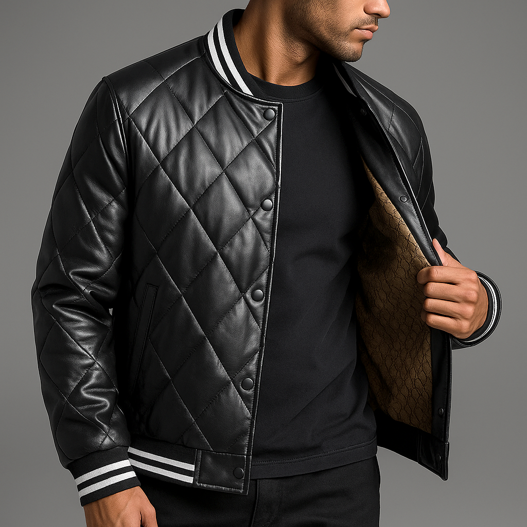 Basil - Men's Snap-Front Quilted Leather Bomber Jacket