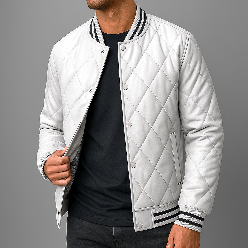 Basil - Men's Snap-Front Quilted Leather Bomber Jacket