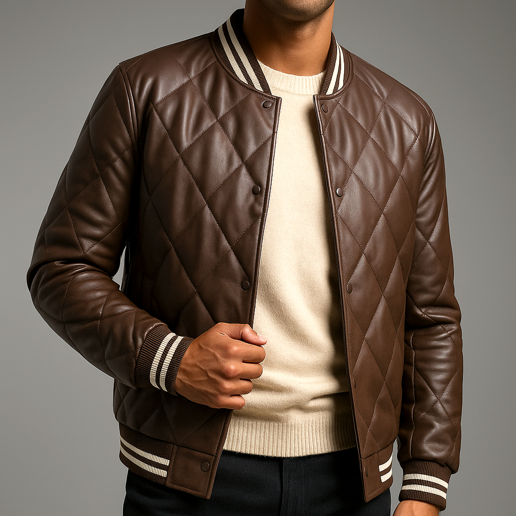 Basil - Men's Snap-Front Quilted Leather Bomber Jacket