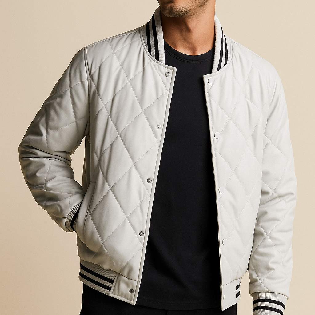 Basil - Men's Snap-Front Quilted Leather Bomber Jacket
