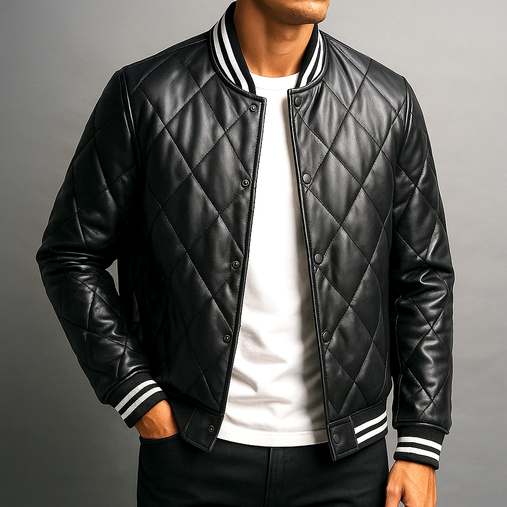 Basil - Men's Snap-Front Quilted Leather Bomber Jacket