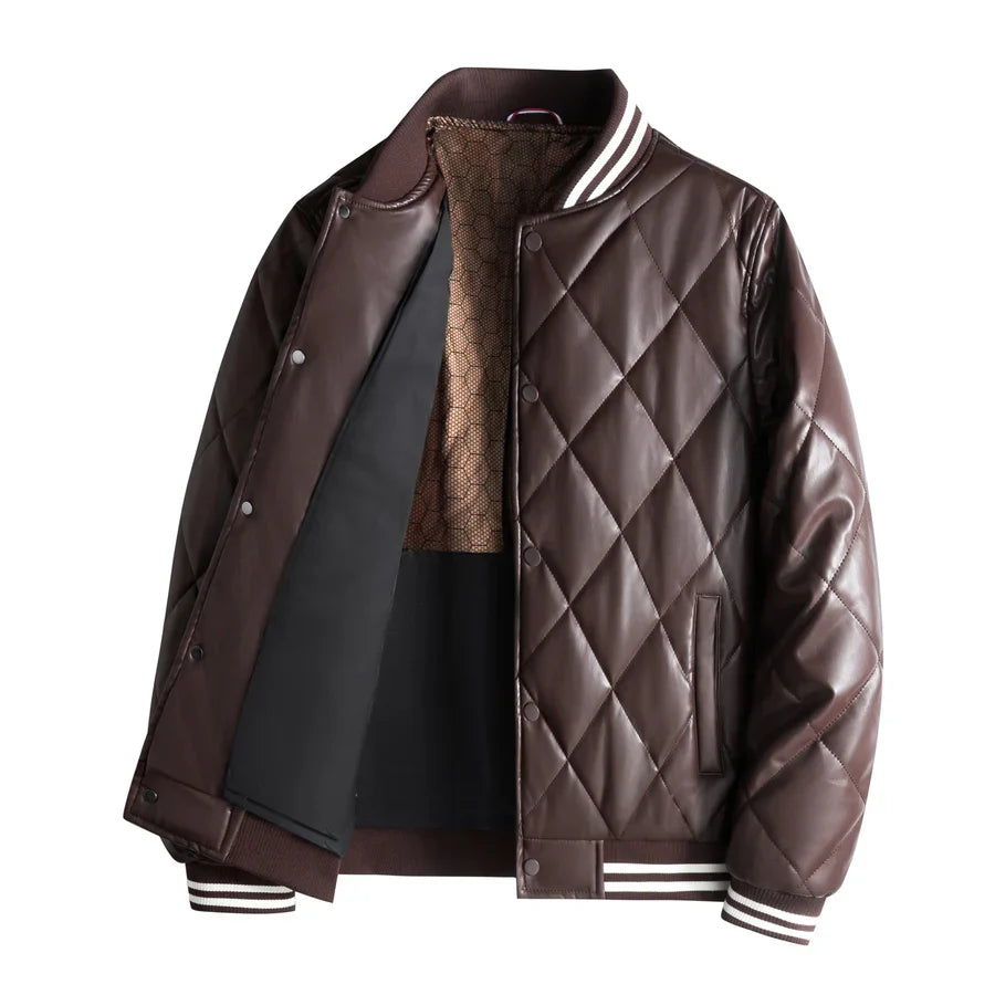 Basil - Men's Snap-Front Quilted Leather Bomber Jacket