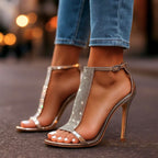 Bea - Women's Rhinestone T-Strap Heeled Sandals