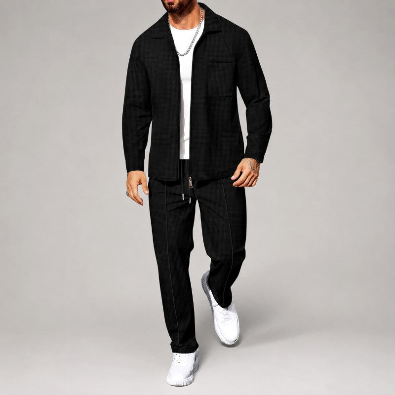 Blake - Men's Waffle Zip-Up Shirt and Straight Leg Pants Set 1