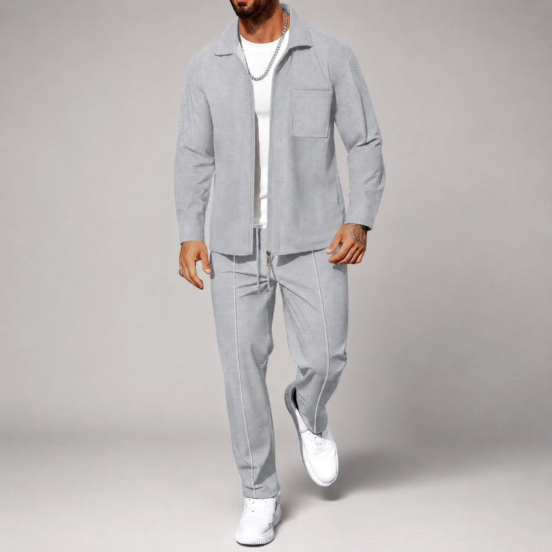 Blake - Men's Waffle Zip-Up Shirt and Straight Leg Pants Set 2