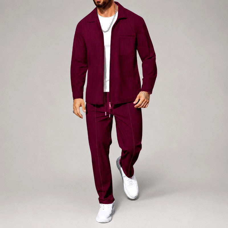 Blake - Men's Waffle Zip-Up Shirt and Straight Leg Pants Set 4