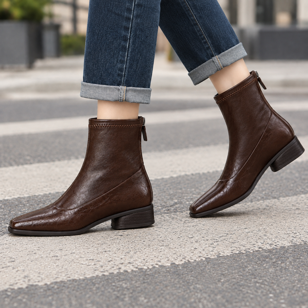 Camilla - Women's Square Toe Ankle Boots with Rear Zip