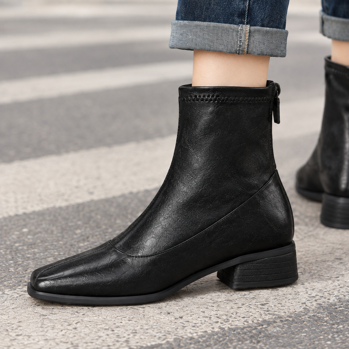 Camilla - Women's Square Toe Ankle Boots with Rear Zip